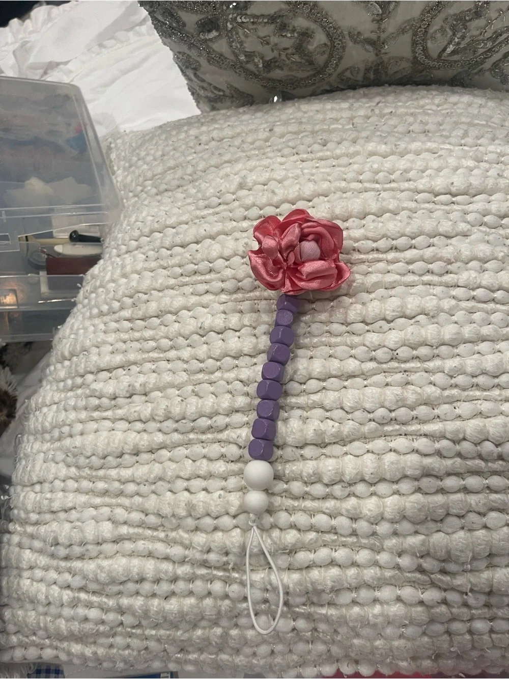 Children's Purple Bead Pacifier Clip with Pink Flower